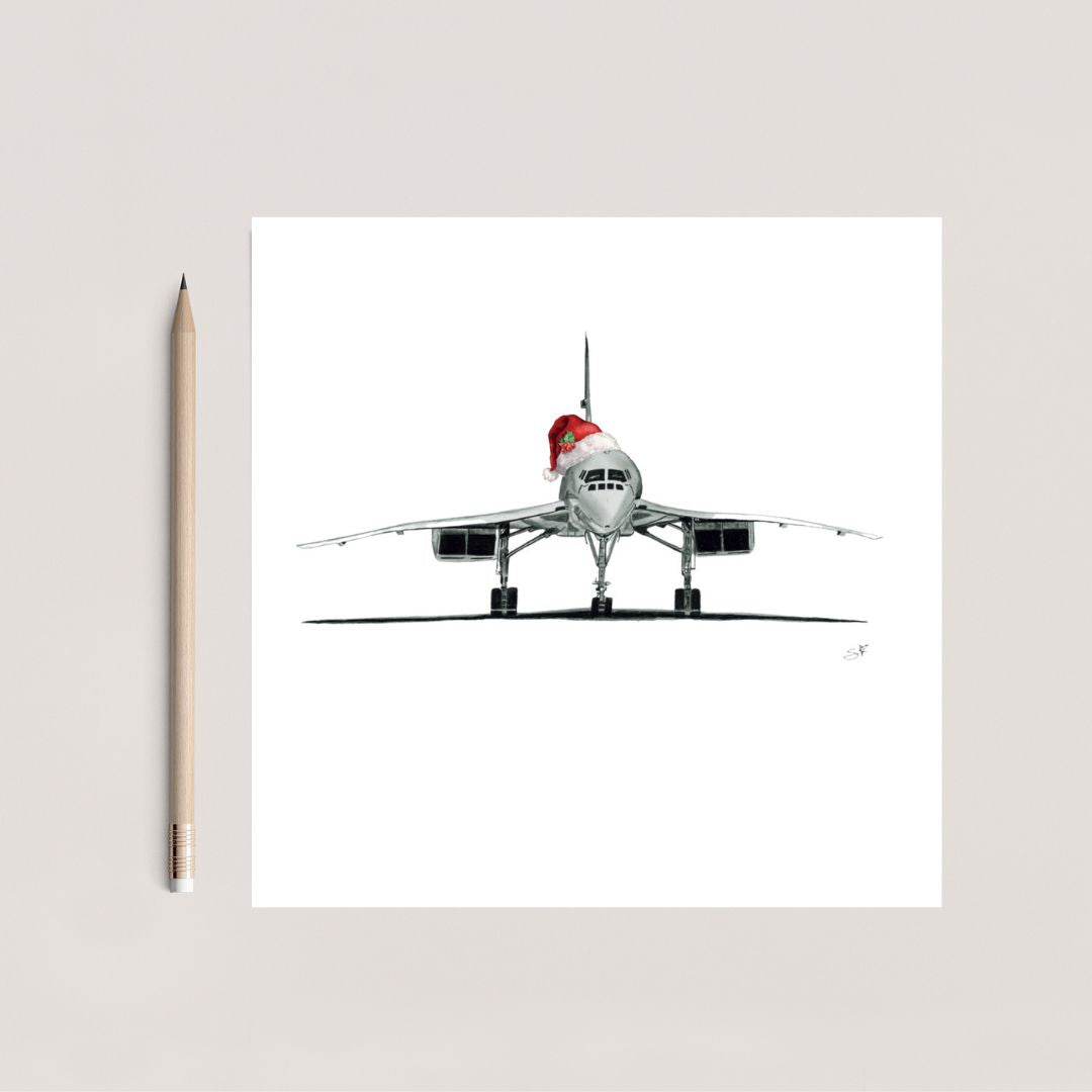 Concorde jet wearing a festive Santa hat, featured on a Christmas greeting card.