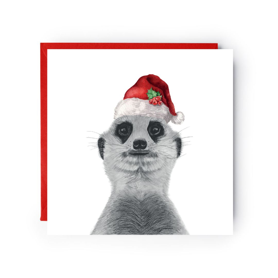 Adorable illustration of a meerkat in a Santa hat, perfect for festive Christmas wishes.
