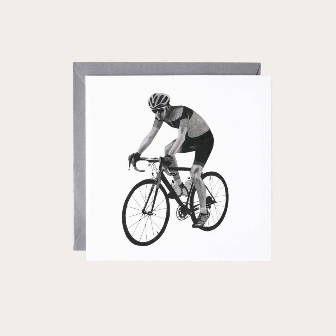 An artistic greeting card showcasing a hand-drawn cyclist, making it a thoughtful choice for birthdays or congratulations for cycling enthusiasts.