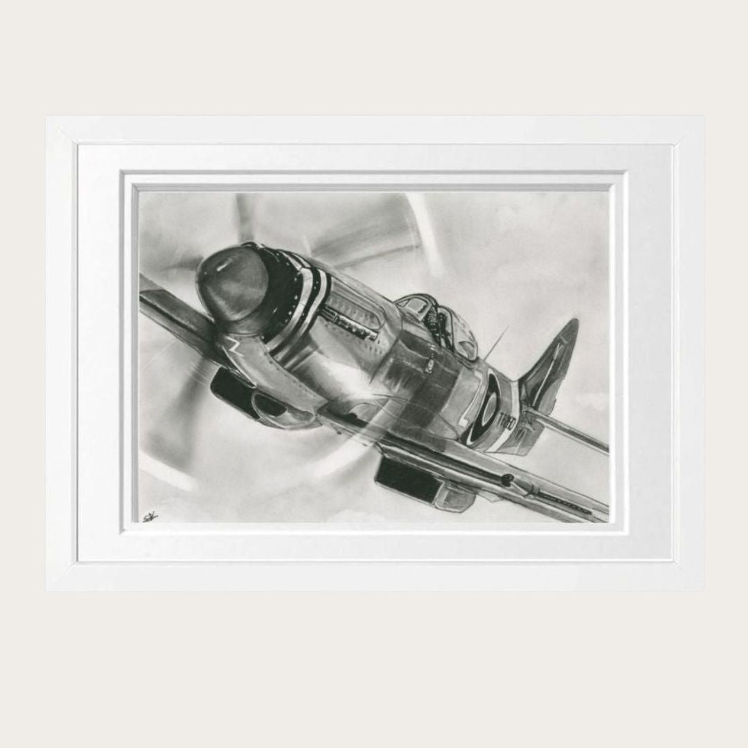 Libra_Fine_Arts_Hand_Drawn_Spitfire_Aircraft_Drawing_in white_Frame. The perfect birthday present or christmas present or anniversary gift for spitfire fans and WW2 history entusiasts