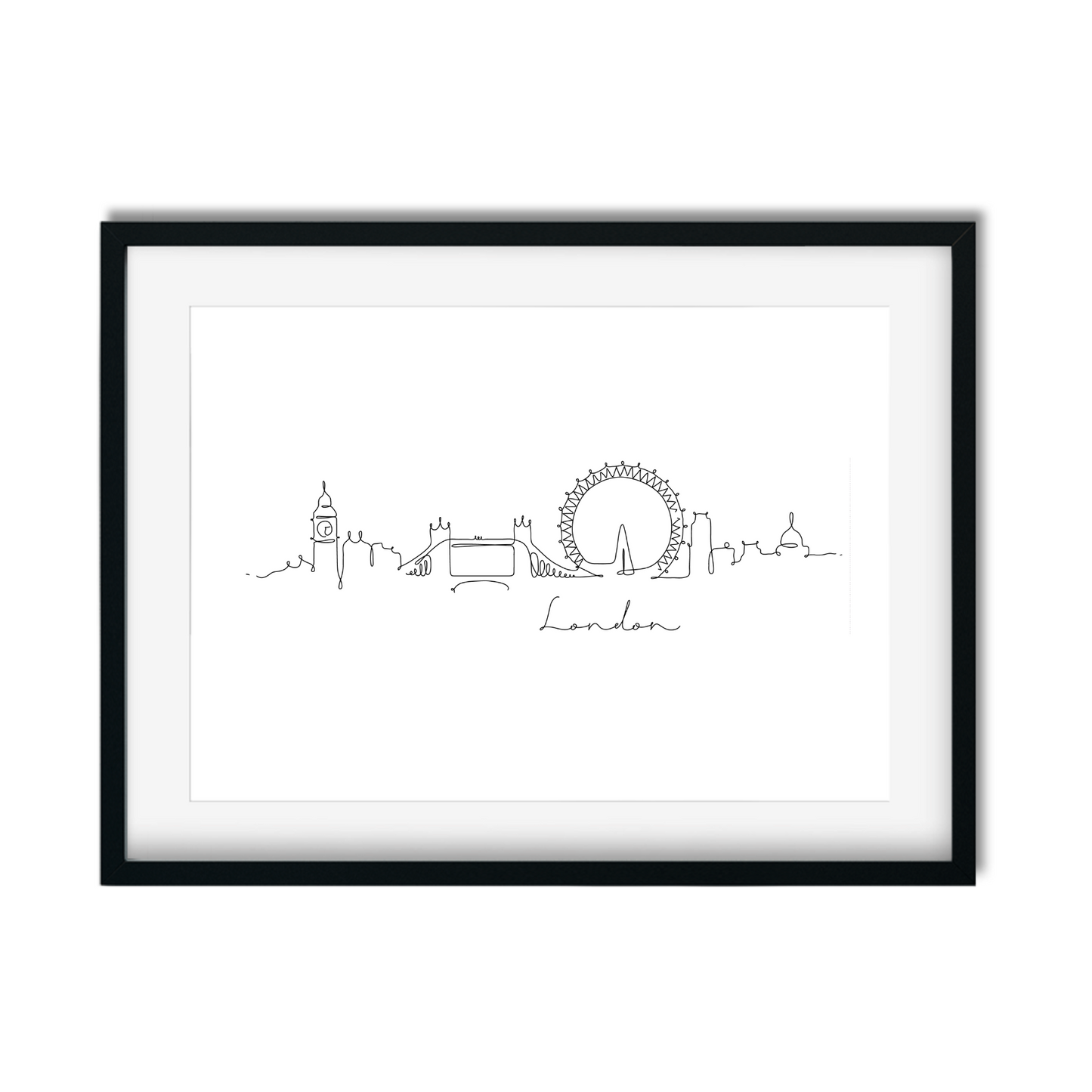 Elegant A4 unframed hand-drawn London skyline artwork in simple continuous lines, perfect wall art for city lovers.