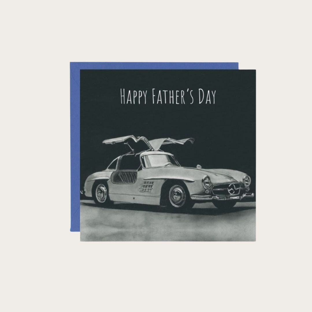 Father's Day card featuring a beautifully detailed classic Mercedes sports car design, a great choice for a dad with a passion for classic cars.