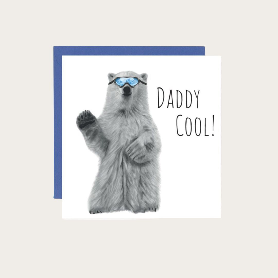 Father's Day card with a hand-drawn polar bear in sunglasses, sending a fun and loving message for an awesome dad.