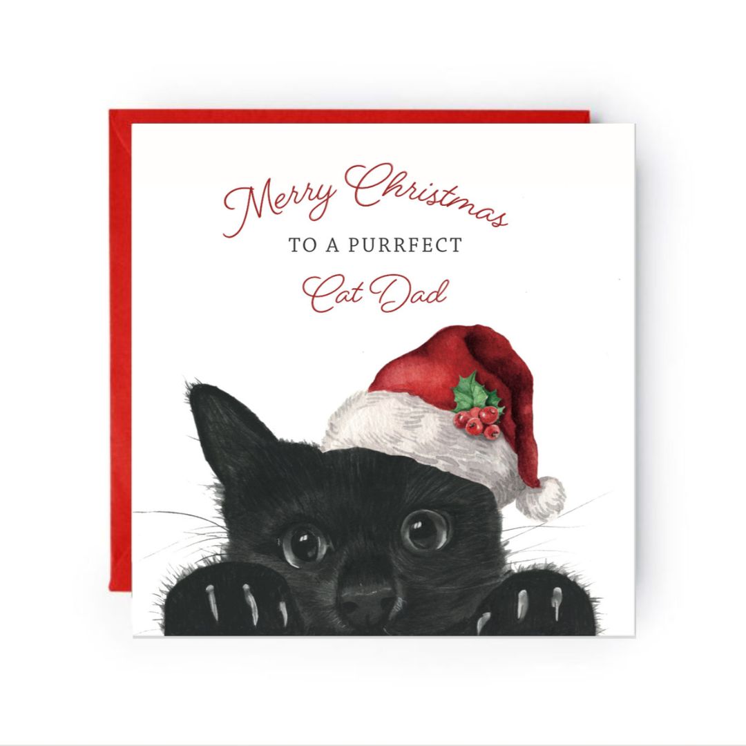 Celebrate the season with a hand-illustrated Christmas card for a purrfect cat dad, lovingly created by Libra Fine Arts