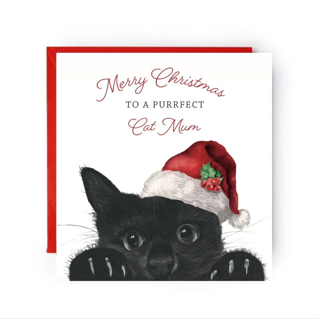A heartwarming hand-illustrated Christmas card for the cat mum in your life, featuring a charming cat design by Libra Fine Arts