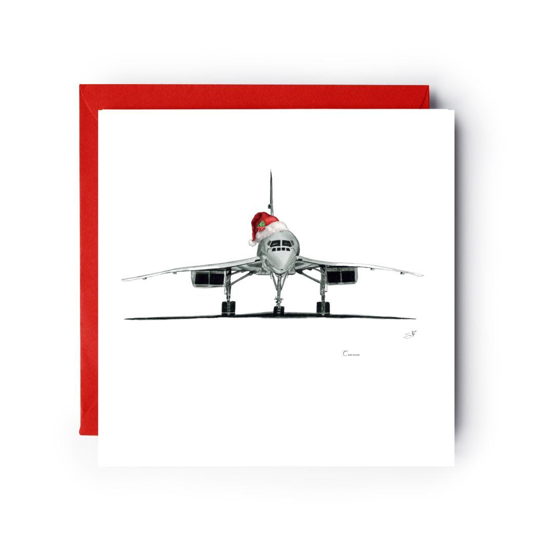 Concorde aircraft wearing a Santa hat on a festive Christmas greeting card.