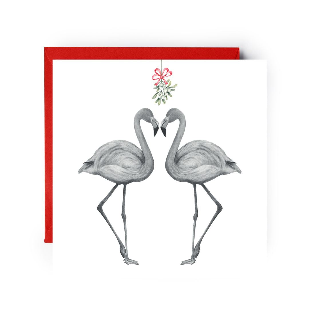 Mistletoe Christmas card with flamingo couple in festive red hats, perfect for holiday cheer.
