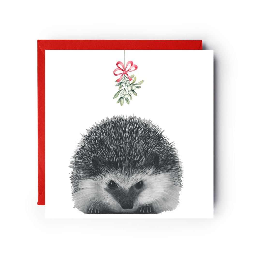 hand drawn greeting card of cute hedgehog under mistletoe christmas card by Libra Fine Arts