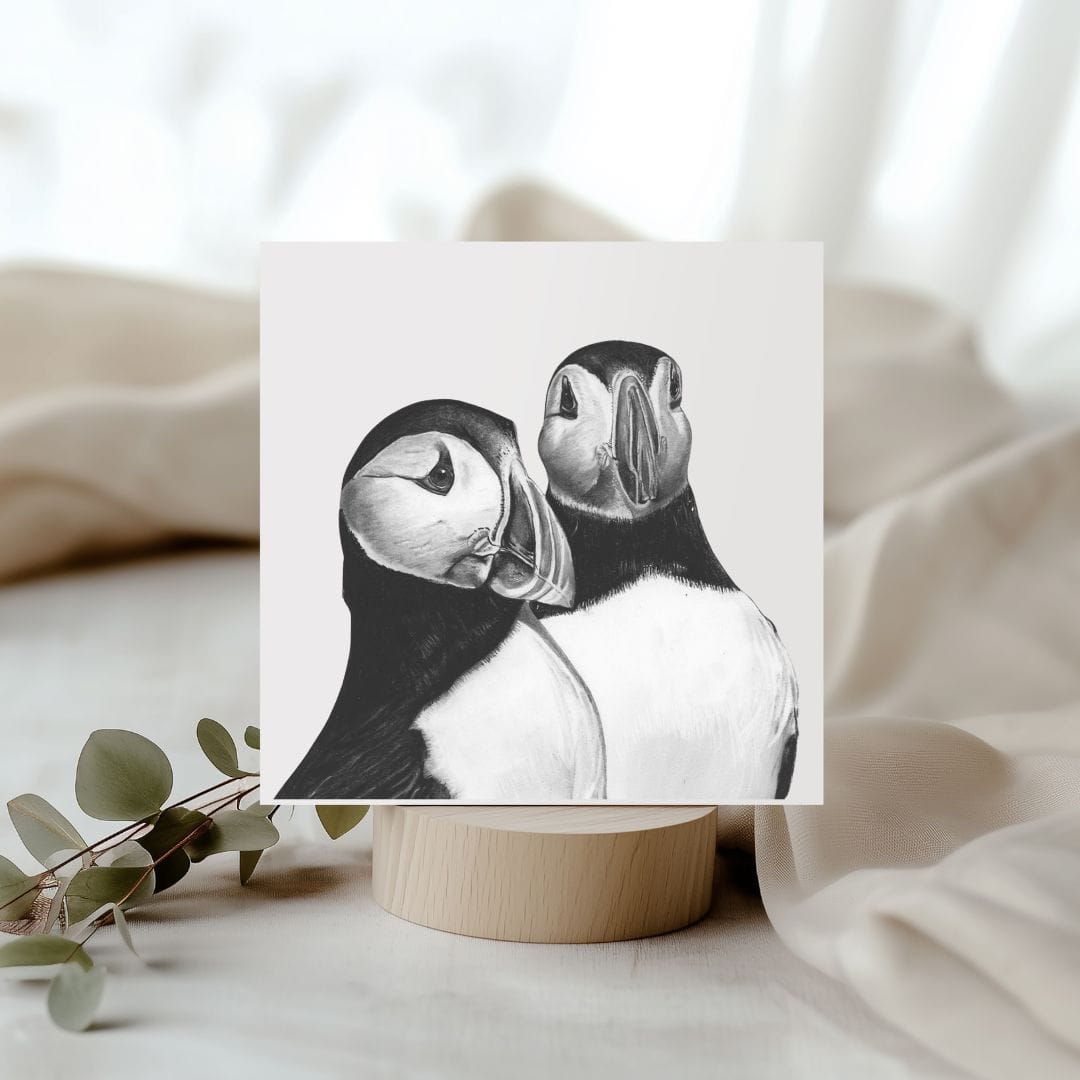 Hand-drawn Gemini the Puffins greeting card, featuring a charming wildlife illustration of two puffins.
