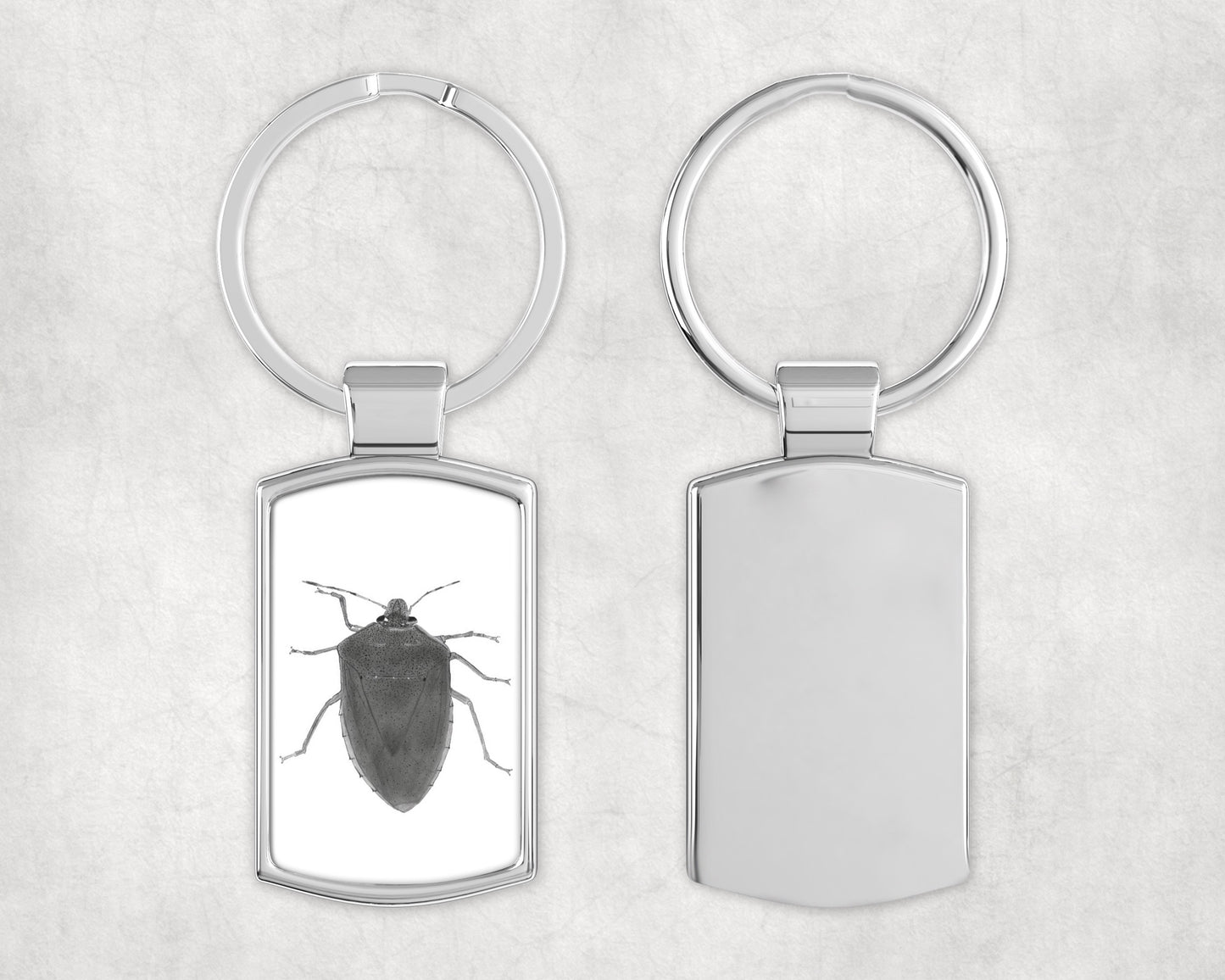 A Green Shield Bug Metal Rectangular Keyring featuring a detailed hand-drawn illustration of the vibrant green insect on the front, with a sleek, polished metal back. A perfect entomological gift for nature and wildlife enthusiast