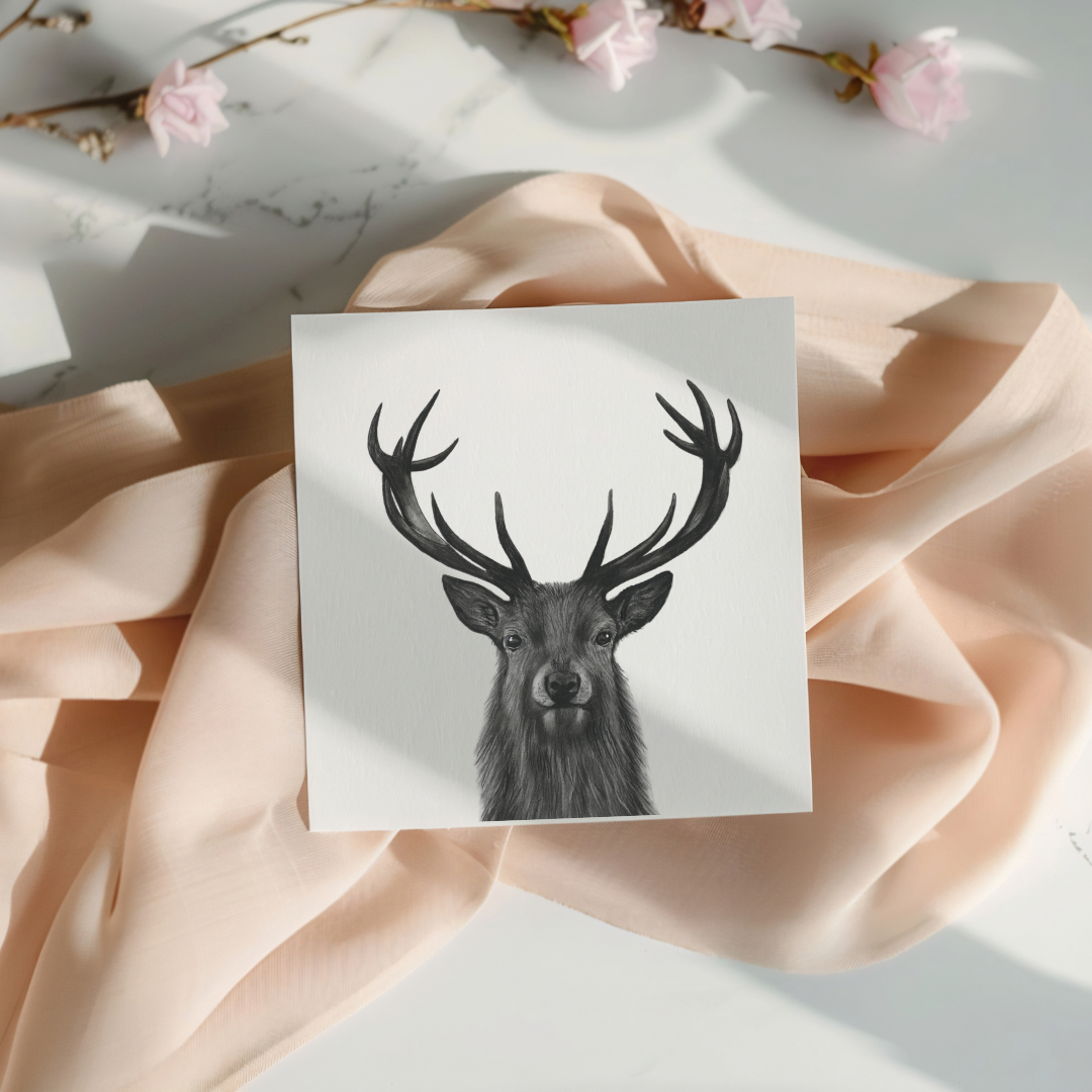 Hand-drawn greeting card featuring Hadar the stag, a majestic countryside wildlife illustration.