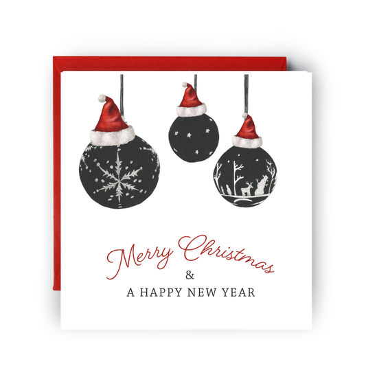 Hand-drawn Christmas card featuring 3 colorful baubles, festive holiday illustration designed in Windsor, perfect for sending Christmas greetings.