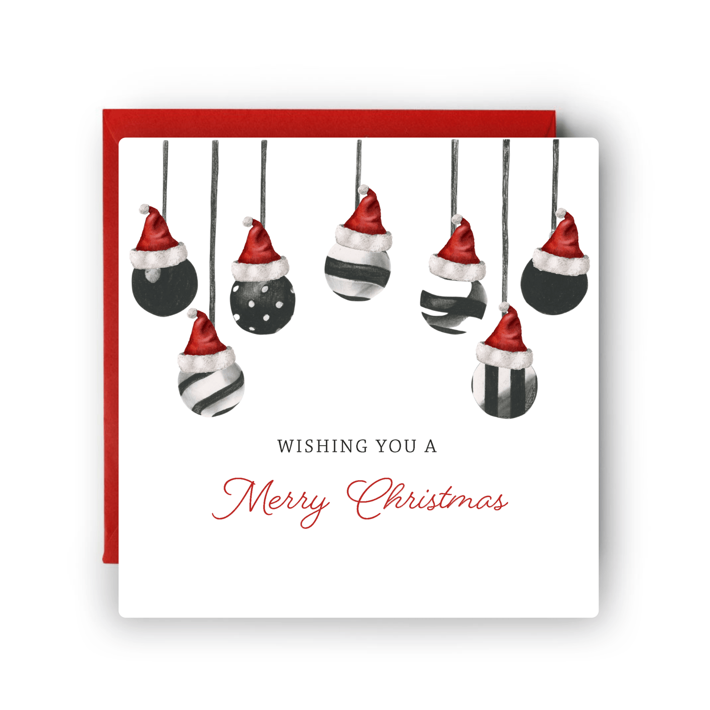 Hand-drawn Christmas card featuring 7 colorful baubles, festive holiday design illustrated in Windsor, perfect for Christmas greetings.