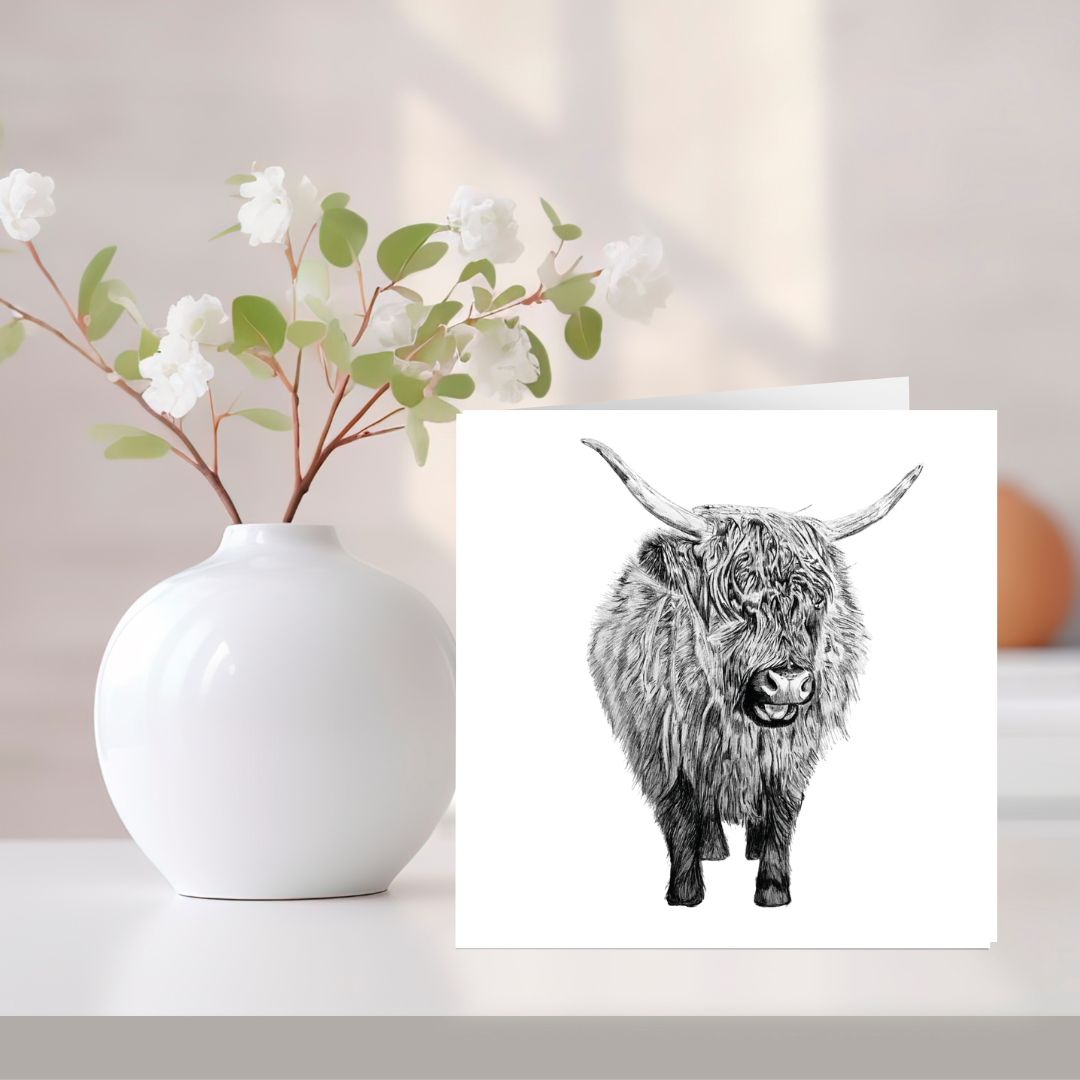 An exquisite greeting card showcasing a detailed illustration of a baby Highland cow, making it a unique choice for celebrating special occasions with countryside charm. Find it at Libra Fine Arts.