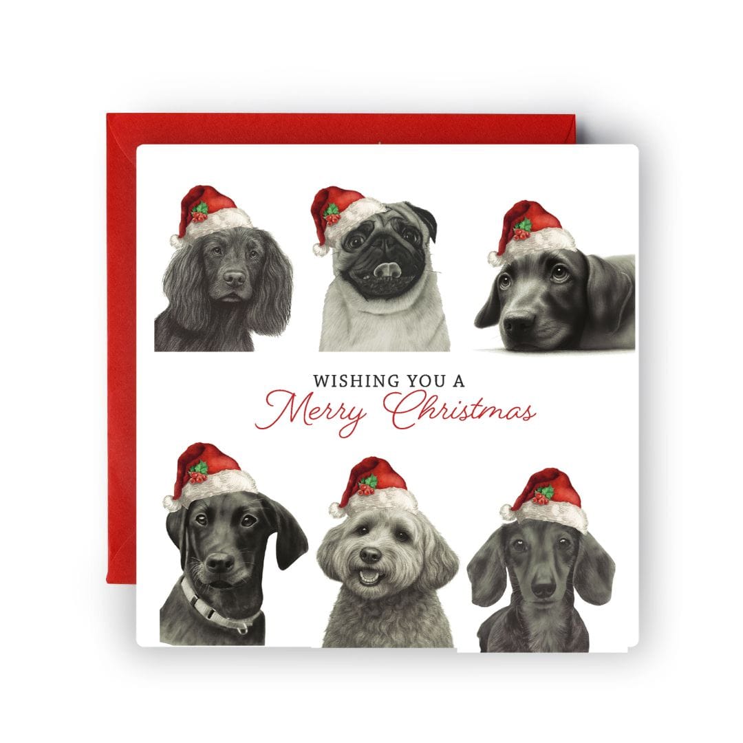 Hand-drawn festive dogs wearing Santa hats, a joyful Christmas card designed in Windsor — perfect for dog lovers and pet owners.