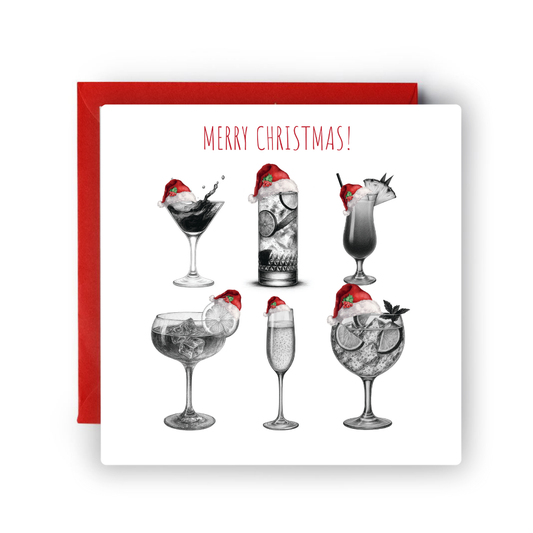 Hand-drawn Christmas card featuring festive drinks like wine and cocktails, illustrated in Windsor — perfect for holiday celebrations.