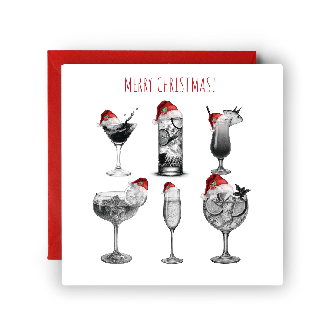 Hand-drawn Christmas card featuring festive drinks like wine and cocktails, illustrated in Windsor — perfect for holiday celebrations.