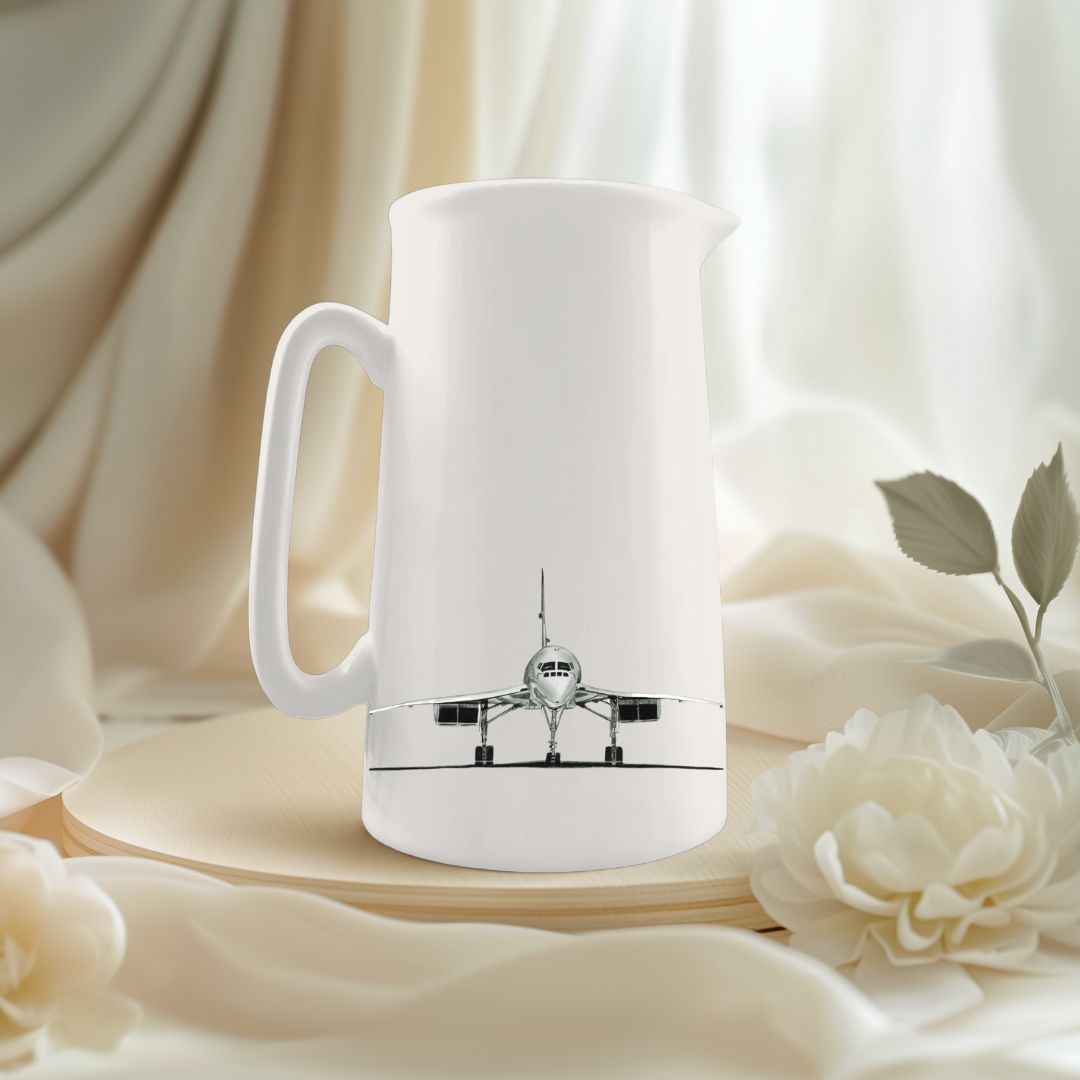 Elegant fine bone china jug featuring a hand-drawn Concorde aircraft, perfect for aviation enthusiasts and fans of iconic design.v
