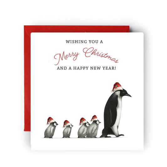 Hand-drawn penguin and baby penguin walking together in the snow, wearing red Santa hats — a heartwarming festive Christmas card design.