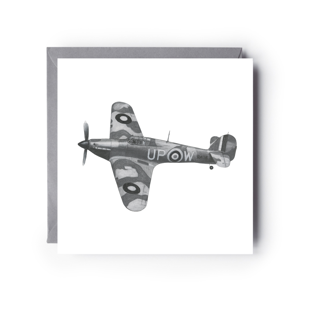 Vintage Hawker Hurricane Mk R4118 plane illustration on a greeting card