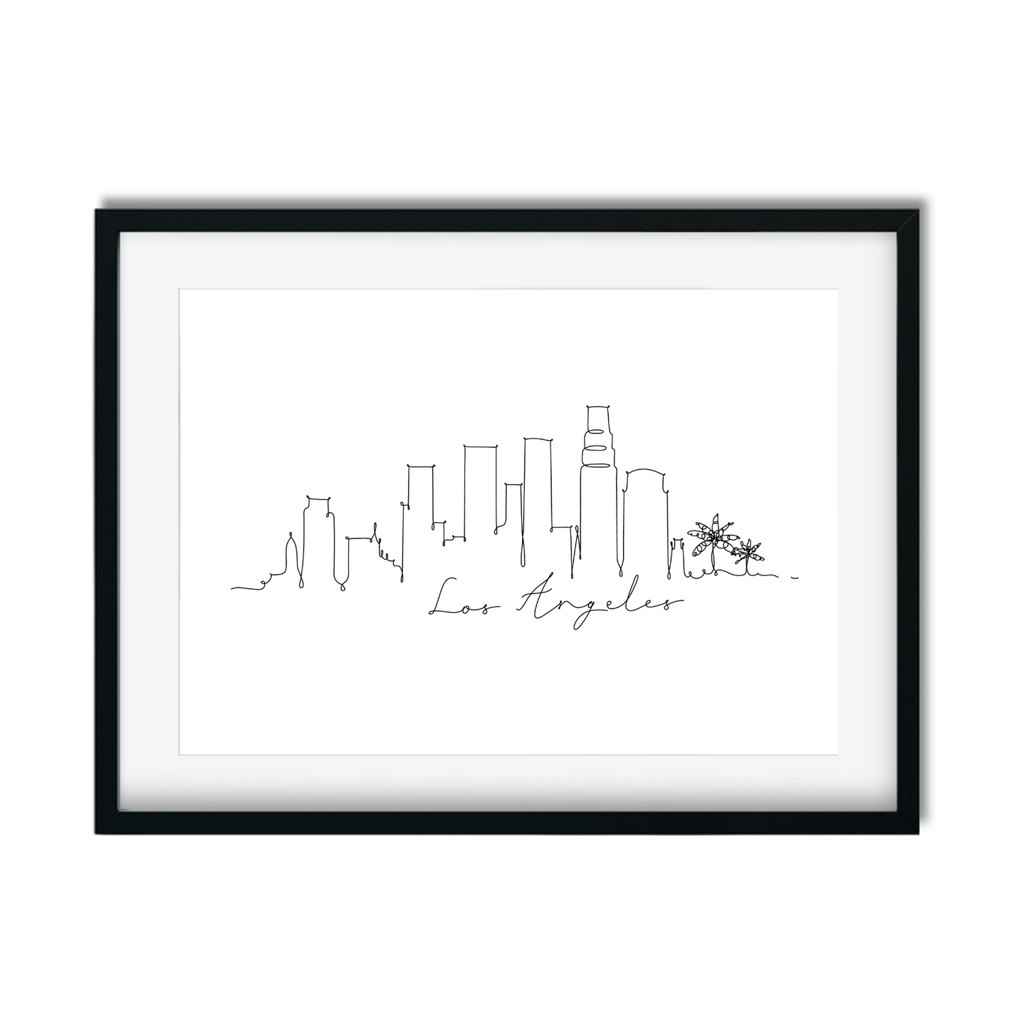Detailed hand-drawn Los Angeles cityscape print with Hollywood Sign, Griffith Observatory, and downtown buildings