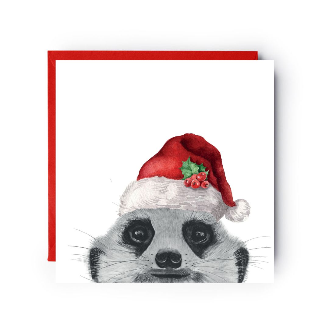 Cute peeking meerkat Christmas card with Santa hat, perfect for festive greetings