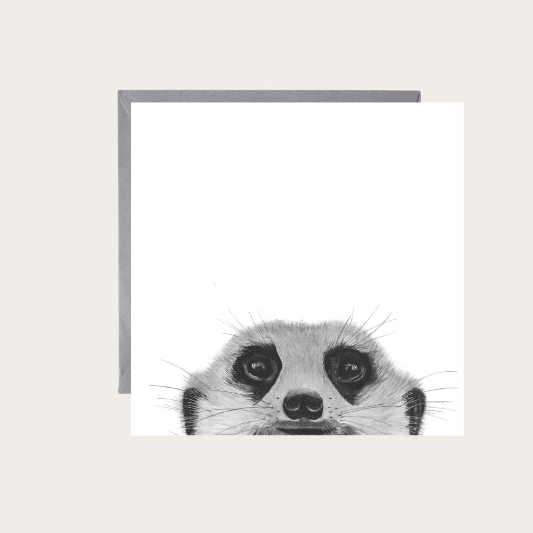An endearing greeting card showcasing Myra the meerkat in a playful pose, ideal for celebrating special occasions with wildlife lovers.