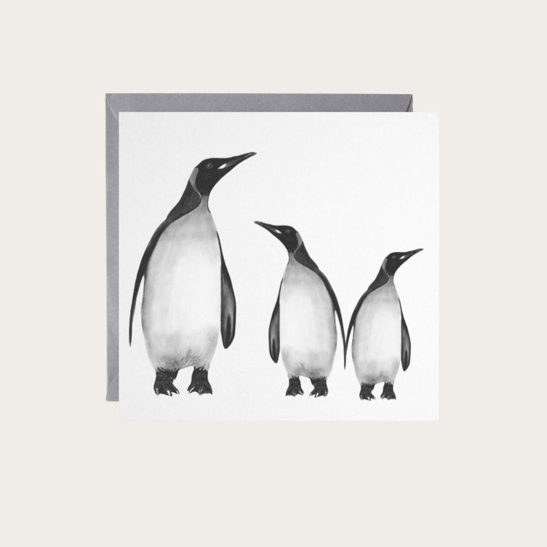 Endearing greeting card with a hand-drawn penguin family, ideal for celebrating special moments with wildlife enthusiasts and friends.