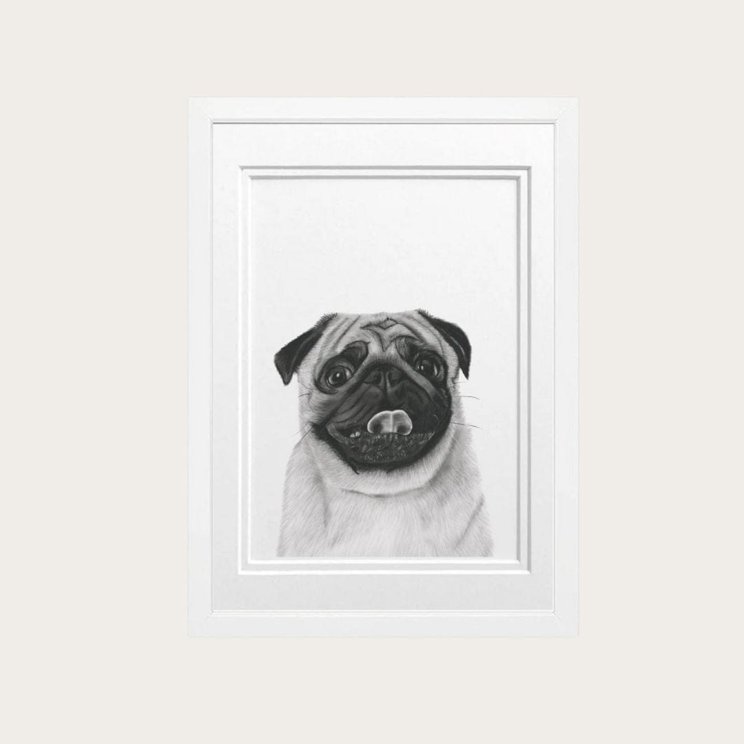 Bring a light and airy vibe to any room with this hand-drawn pug fine art print in a white frame by Libra Fine Arts. This charming illustration of a pug is an ideal addition for dog lovers or anyone seeking a delightful and unique piece of art