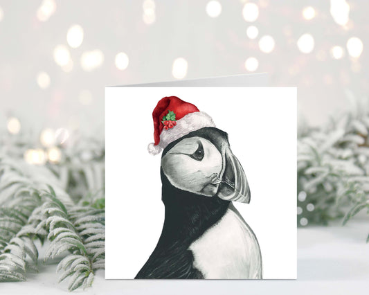 Vela the Puffin Santa Hat Christmas Card – Hand-Drawn Festive Greeting