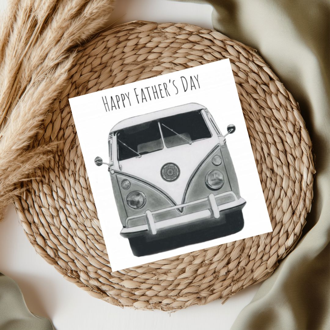 Happy Father’s Day Camper Card – A delightful, hand-drawn camper van illustration, perfect for dads who love adventures