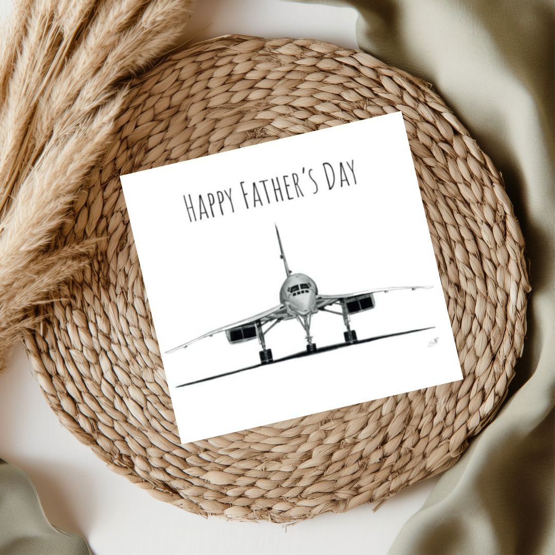 Happy Father’s Day Concorde Card – A hand-drawn illustration of the iconic Concorde aircraft with a heartfelt Father’s Day message.