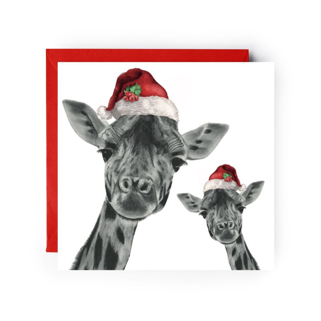 Christmas Card with Giraffe and Baby in Santa Hats – Perfect for Holiday Wishes