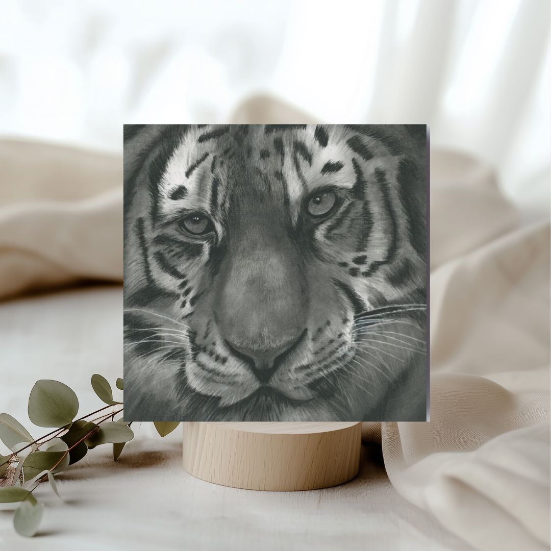 Hand-drawn Hercules the Tiger greeting card, featuring intricate wildlife art.