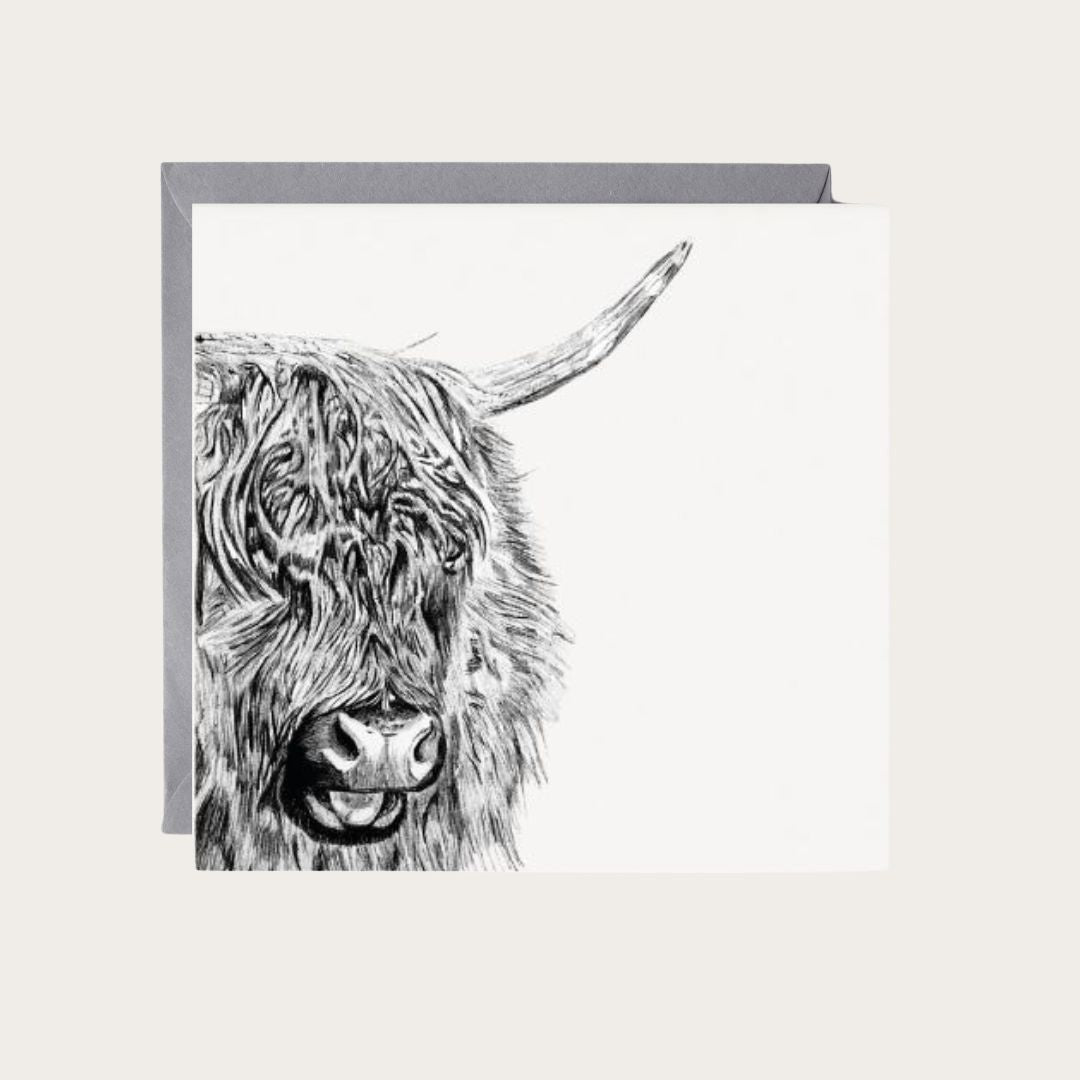 An intricately detailed hand-illustrated greeting card featuring Menkar, the Highland cow, perfect for sending heartfelt messages to animal lovers and fans of Scottish wildlife.