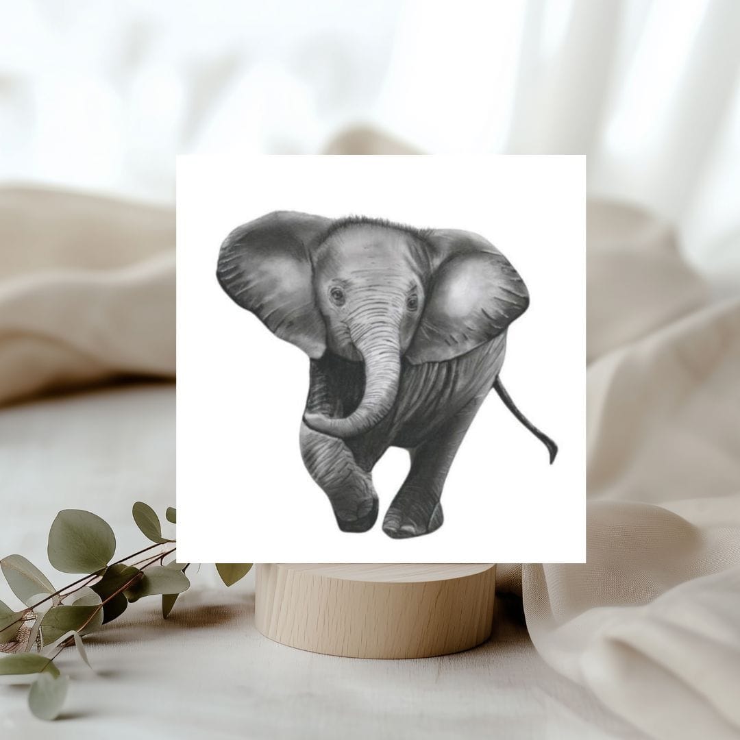 Hand-drawn baby elephant greeting card featuring Hoku the elephant, a charming and adorable design for any occasion