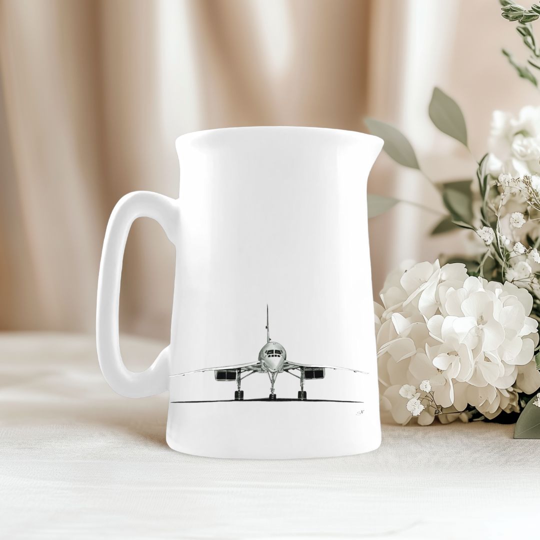 Elegant fine bone china jug featuring a hand-drawn Boeing 747 aircraft, perfect for aviation lovers and travel enthusiasts.