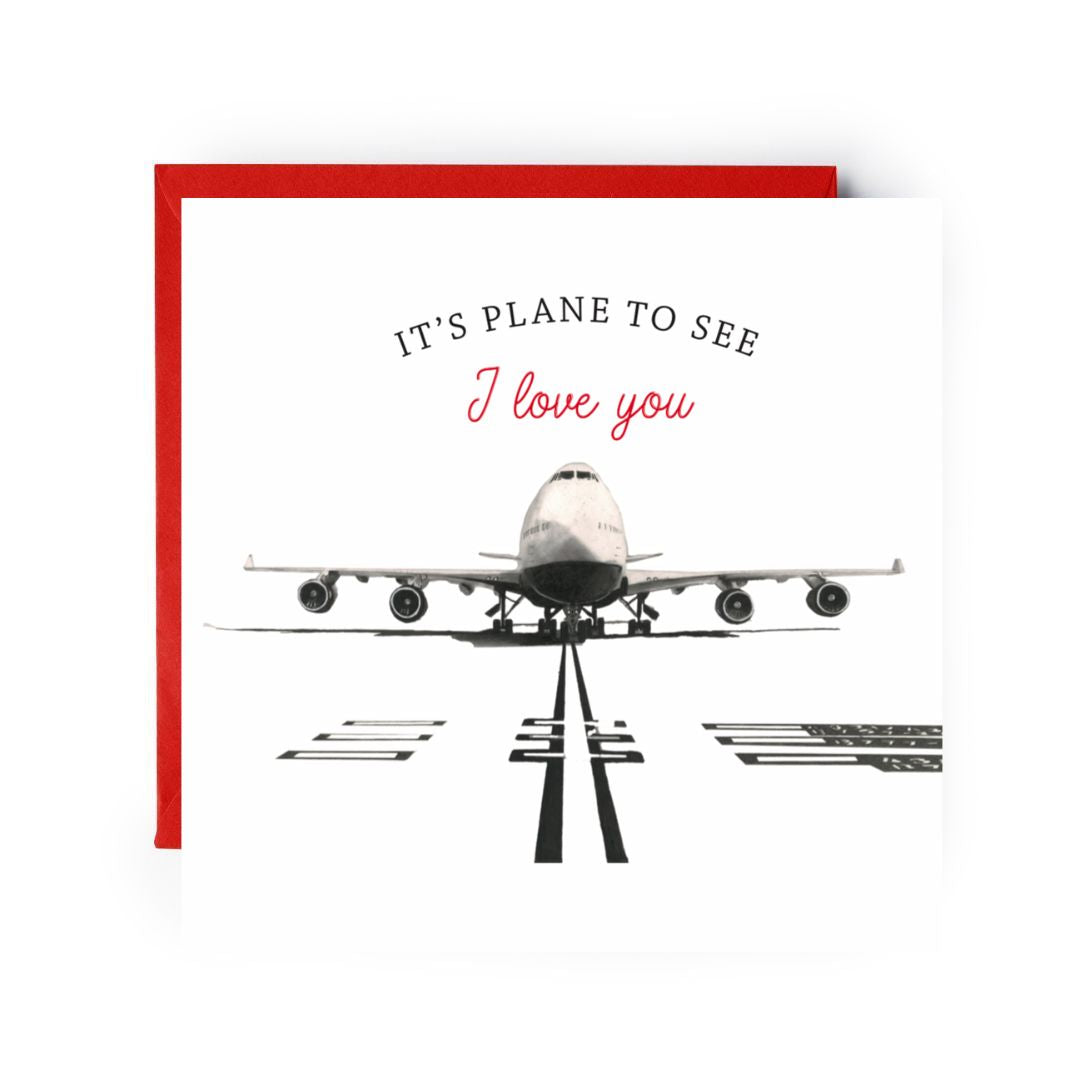 "Celebrate love with this charming aviation-themed Valentine’s Day card, featuring a hand-drawn 747 aircraft and the playful message 'It’s Plane To See I Love You.' Perfect for aviation lovers and romantics alike."