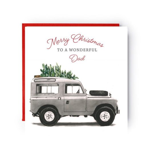 Celebrate the holidays with this Land Rover Dad Christmas card, featuring a festive design by Libra Fine Arts. The perfect card for a Land Rover enthusiast and a special dad