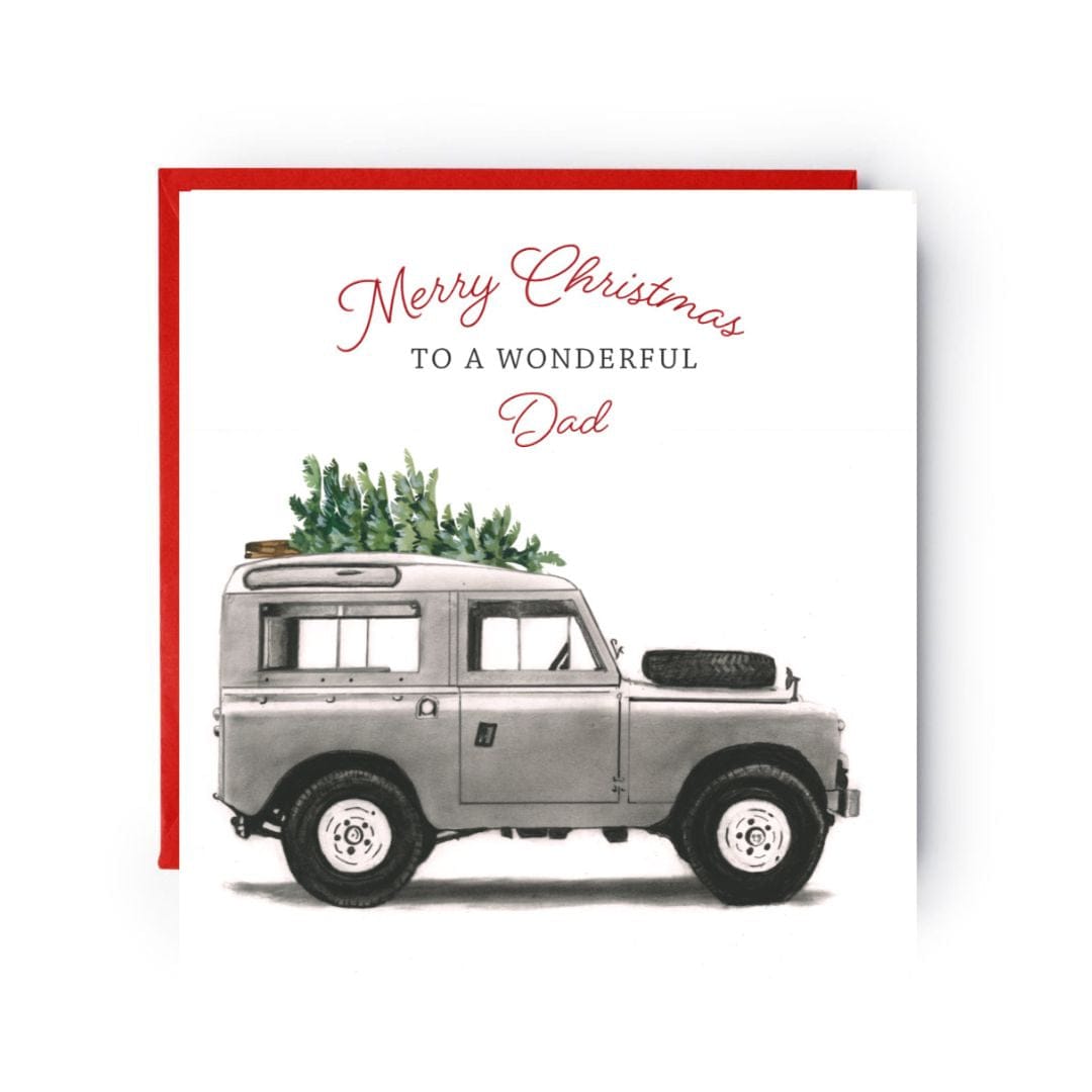 Celebrate the holidays with this Land Rover Dad Christmas card, featuring a festive design by Libra Fine Arts. The perfect card for a Land Rover enthusiast and a special dad