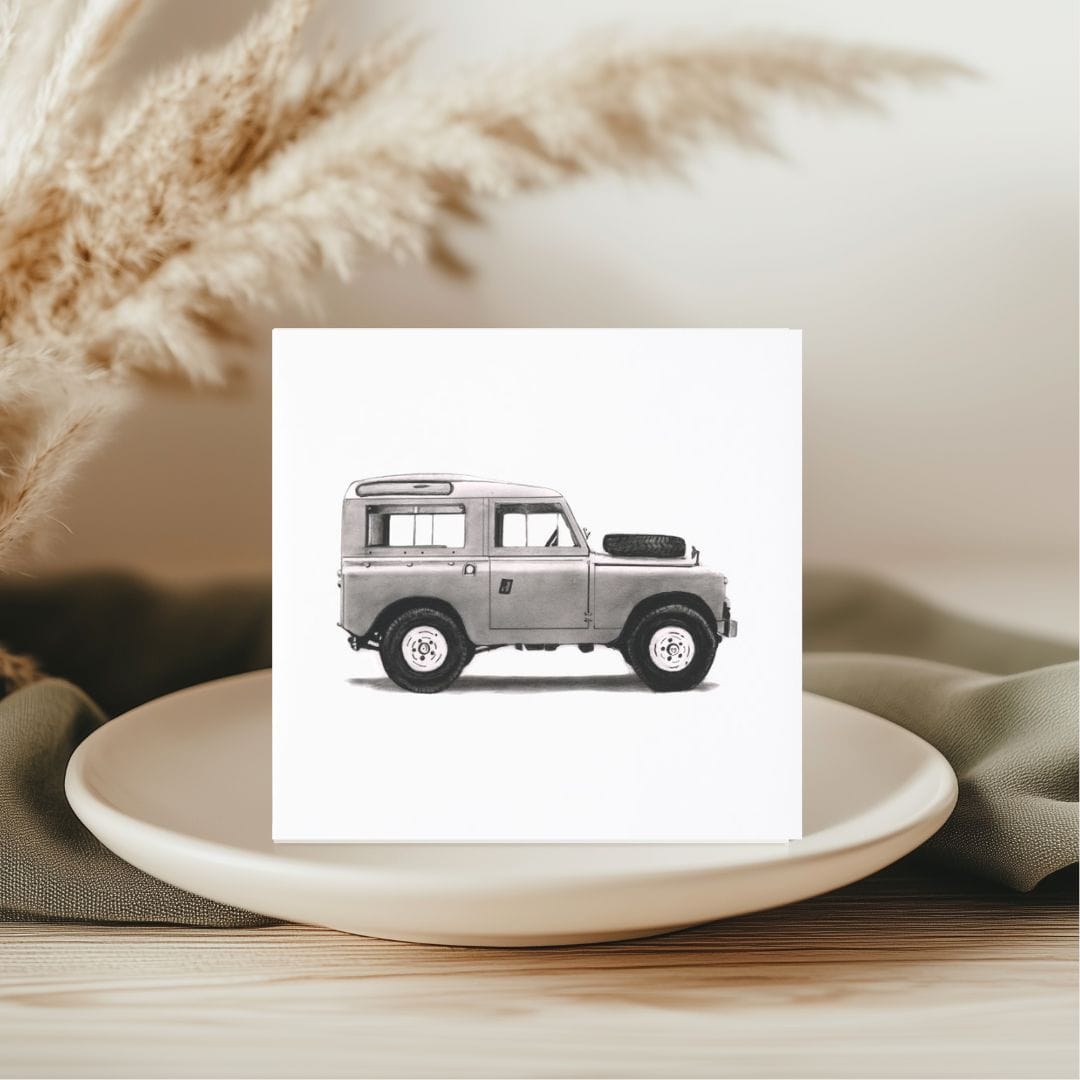Celebrate the spirit of adventure with this hand-drawn Land Rover greeting card. A perfect choice for car lovers or anyone who appreciates rugged design and adventure on the road. Ideal for birthdays, holidays, and special occasions.