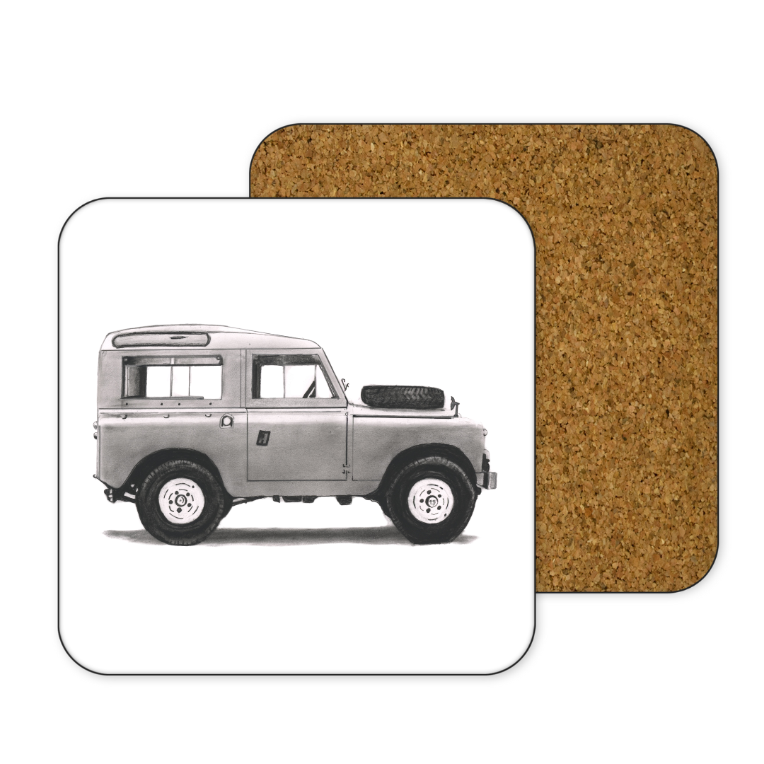 Rugged Land Rover design printed on a square drinks coaster, great for automotive lovers.