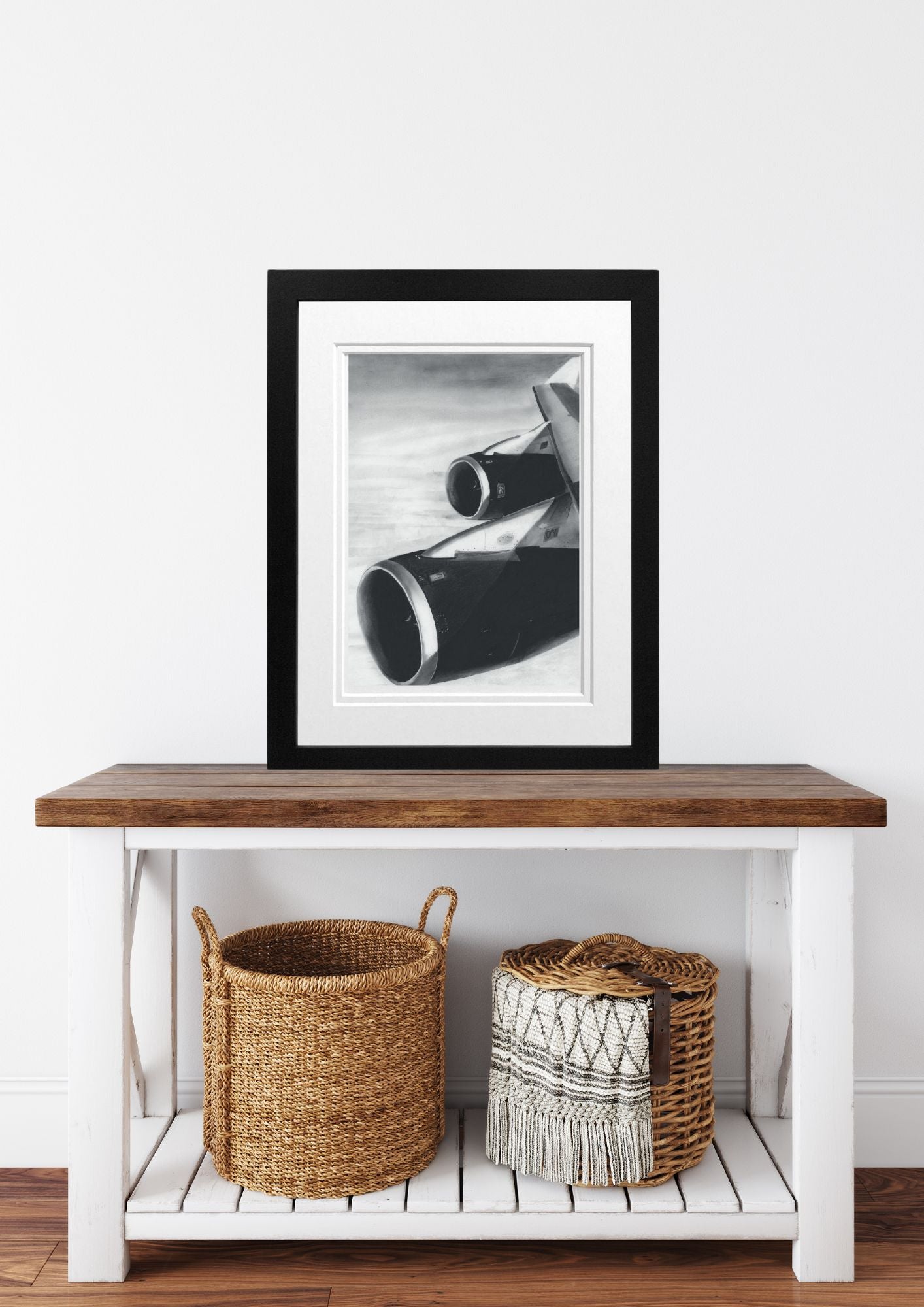 747 Aircraft Wing Fine Art Print placed on a side table, showcasing the intricate details of the legendary jumbo jet's wing in monochrome.