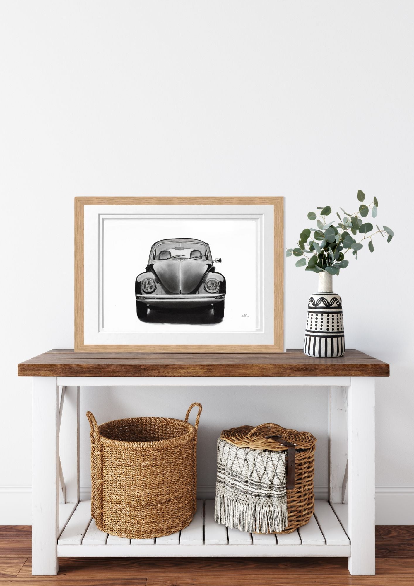 Libra Fine Arts Hand Drawn Classic VW Beetle card in Oak Frame. Perfect for classic car enthusiast birthday or christmas presents