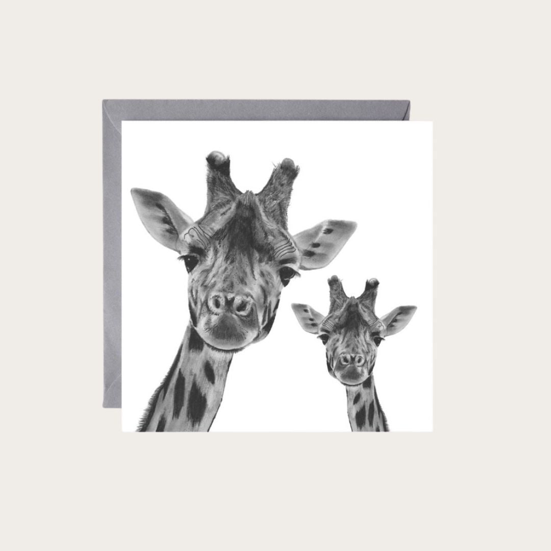 Beautiful hand-illustrated greeting card featuring Maya and her baby giraffe, ideal for celebrating special moments with animal lovers and fans of wildlife art.