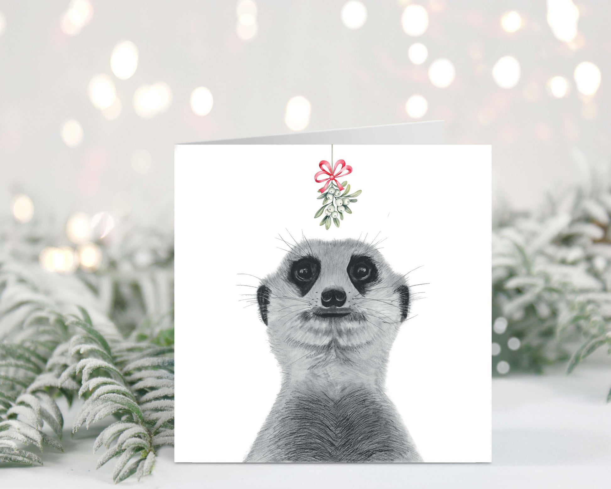 Sweet meerkat couple sharing a kiss under the mistletoe, featured on this festive Christmas greeting card