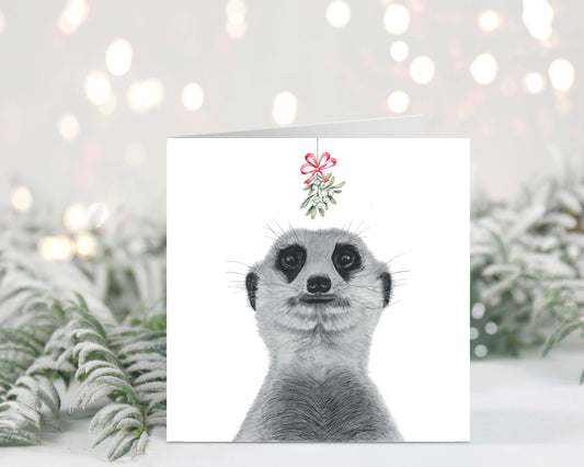 Sweet meerkat couple sharing a kiss under the mistletoe, featured on this festive Christmas greeting card