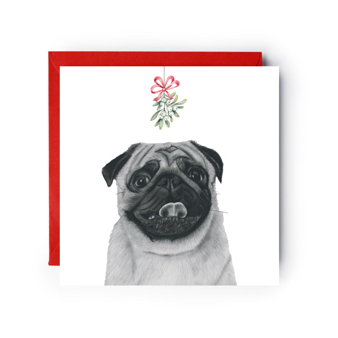 Cute pug illustration wearing a Santa hat with mistletoe, perfect for Christmas celebrations