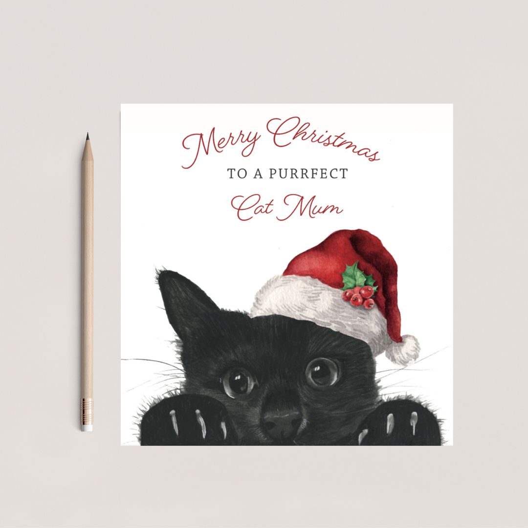 Celebrate Christmas with this charming, hand-illustrated card for a purrfect cat mum, created by Libra Fine Arts