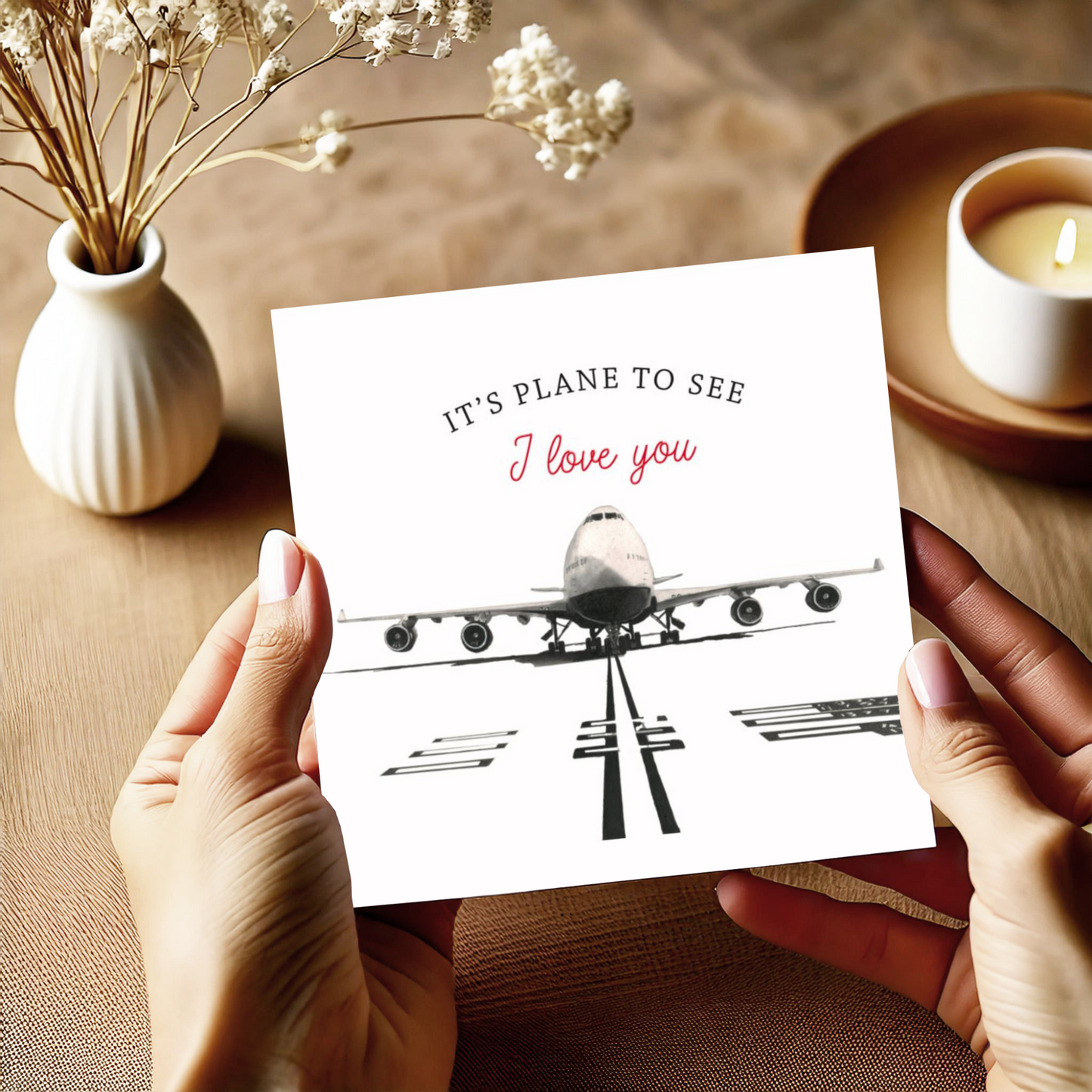 This sweet Valentine’s greeting card showcases a beautifully hand-drawn Boeing 747 airplane and the heartfelt words 'It’s Plane To See I Love You,' ideal for pilots, travellers, and aviation enthusiasts."
